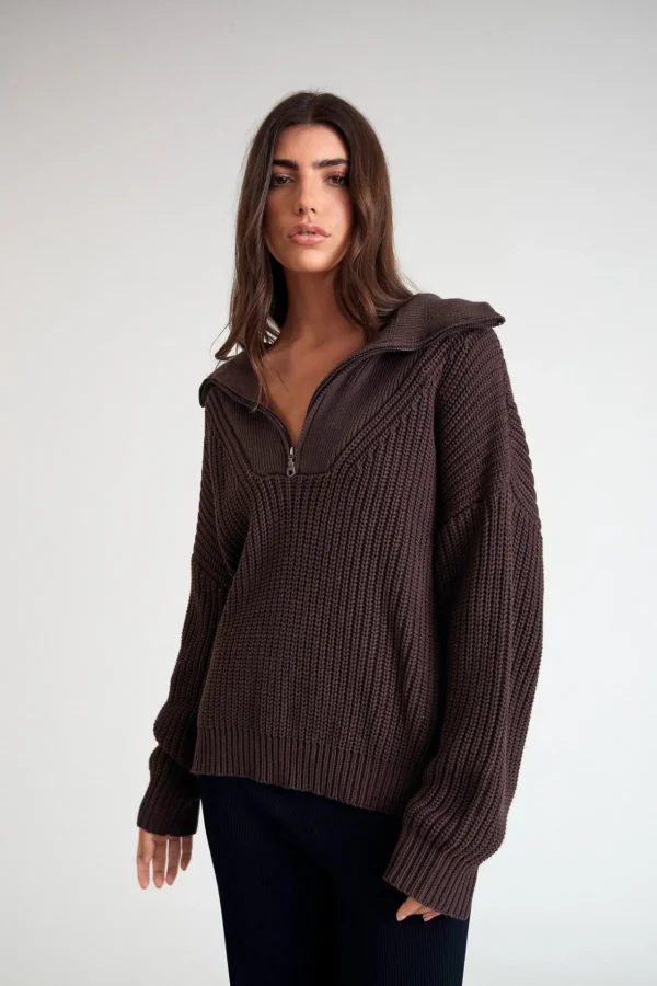 Jumpers & Hoodies<ALL FENIX Chunky 1/2 Zip Knit Espresso