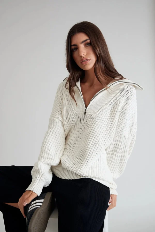 Jumpers & Hoodies<ALL FENIX Chunky 1/2 Zip Knit White